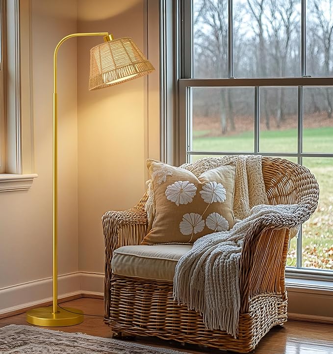 Oneach Arc Floor Lamp for Living Room, Rattan Boho Floor Lamp - Image 4
