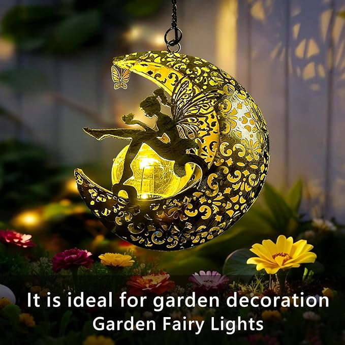 Solar Garden Fairy Statues Decor Hanging Lights, Outdoor Moon Decorations Metal - Image 8