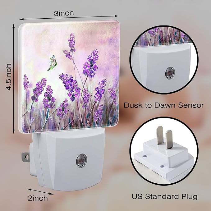 Purple Lavander Flowers Butterfly Night Light Plug into Wall, Watercolor - Image 2