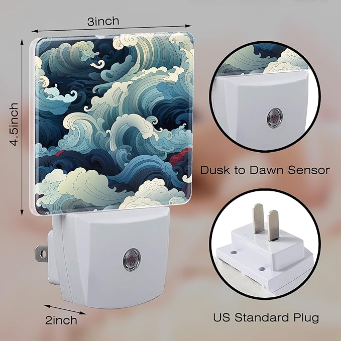 Blue White Ocean Waves Night Light Plug into Wall, Cartoon Sea Waves Dusk to - Image 2