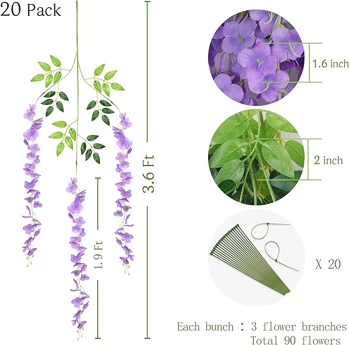 BLEUM CADE 20Pcs Purple Fake Wisteria Hanging Flowers, 3.6Ft/Pcs Artificial - Image 2