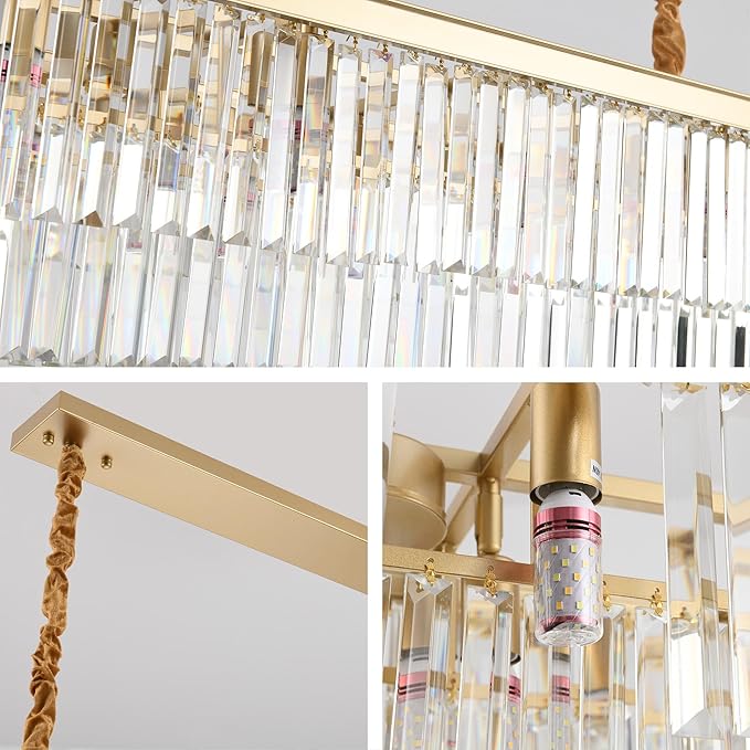 Gold Rectangular Chandelier 40 Inch-10-Light Luxury Crystal Pendant Lighting - Image 9