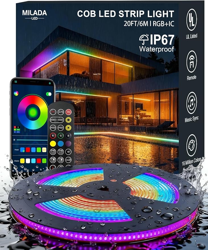 COB LED Strip Lights, RGB Smart IC, IP67 Waterproof, Dimmable 20FT/6M, Color by MILADALED