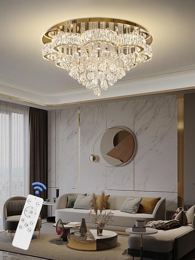 W32in Crystal Ceiling Chandelier Modern Gold Chandeliers Raindrop Crystal - Image 7