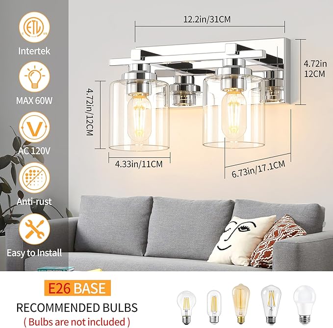 2 Light Modern Bathroom Light Fixtures Over Mirror, Chrome Vanity Lights - Image 5