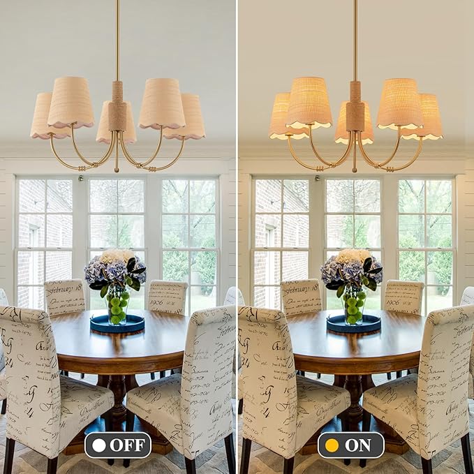 Boho Rattan Chandelier with Fabric Shade, Antique Gold Brass Farmhouse - Image 7