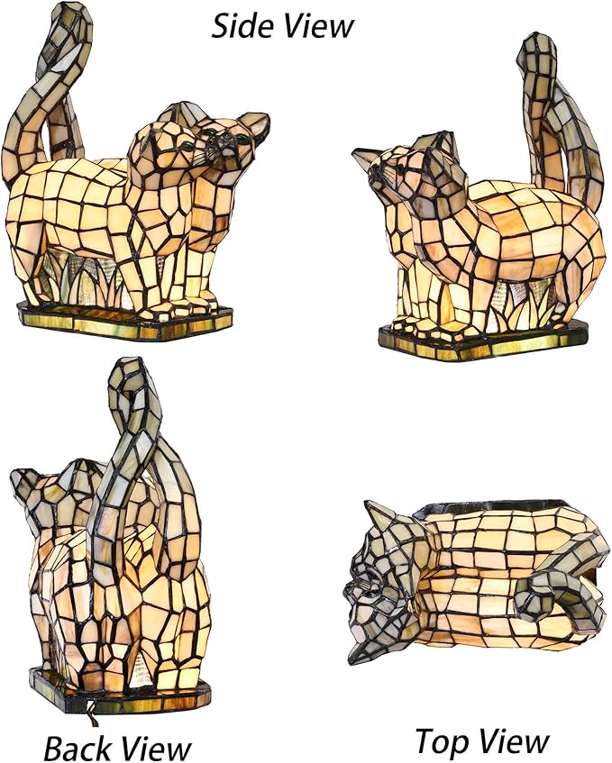 Bieye L10771 Cats in Love Tiffany Style Stained Glass Accent Table Lamp Night - Image 4