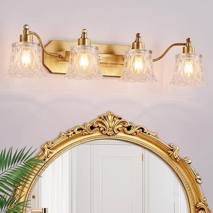 Vintage Bathroom Light Fixtures, 4-Light Gold Vanity Light, Matte Brass Finish by Unknown