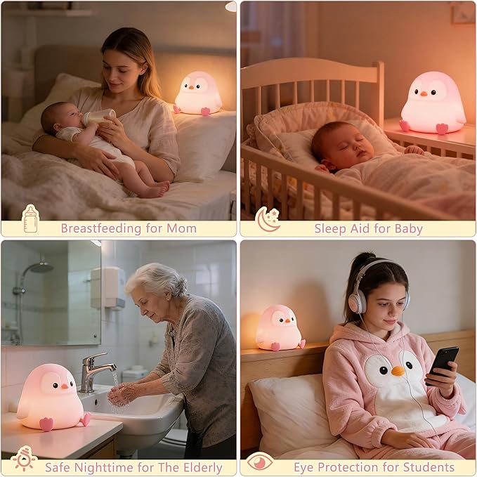 Penguin Night Light for Kids, Cute Pink Penguin Lamp, Soft Silicone Nursery - Image 5
