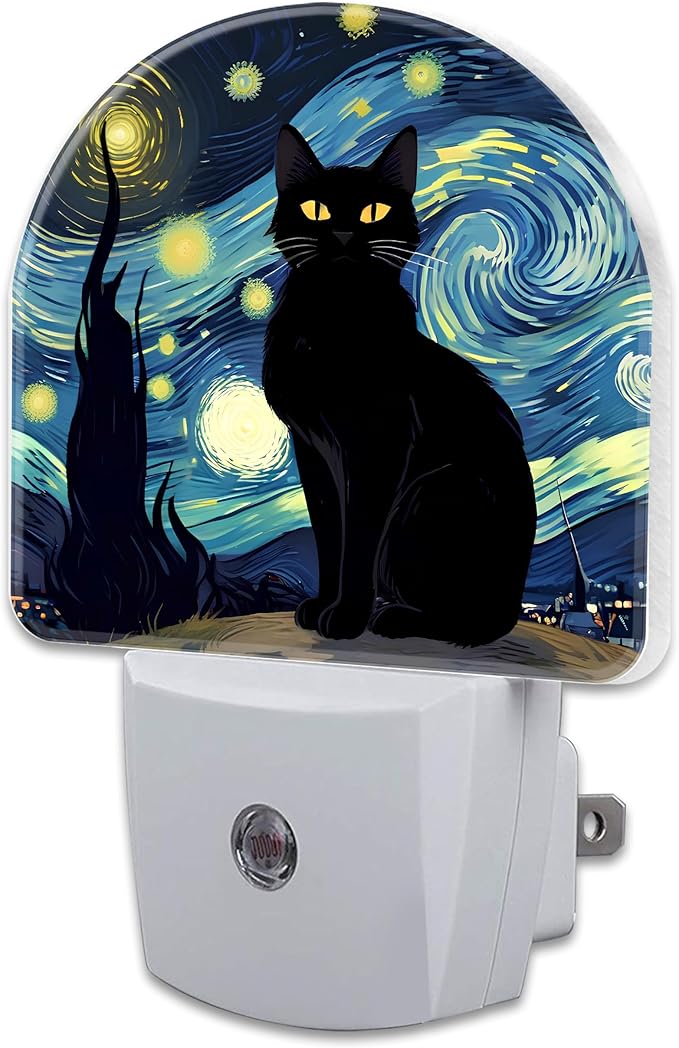 Starry Night Black Cat Night Light Plug into Wall, Impressionist Oil Painting by sndheke