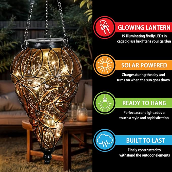 Solar Hanging Lantern Outdoor Garden Lights, Tear-Shaped Glass and Metal - Image 3
