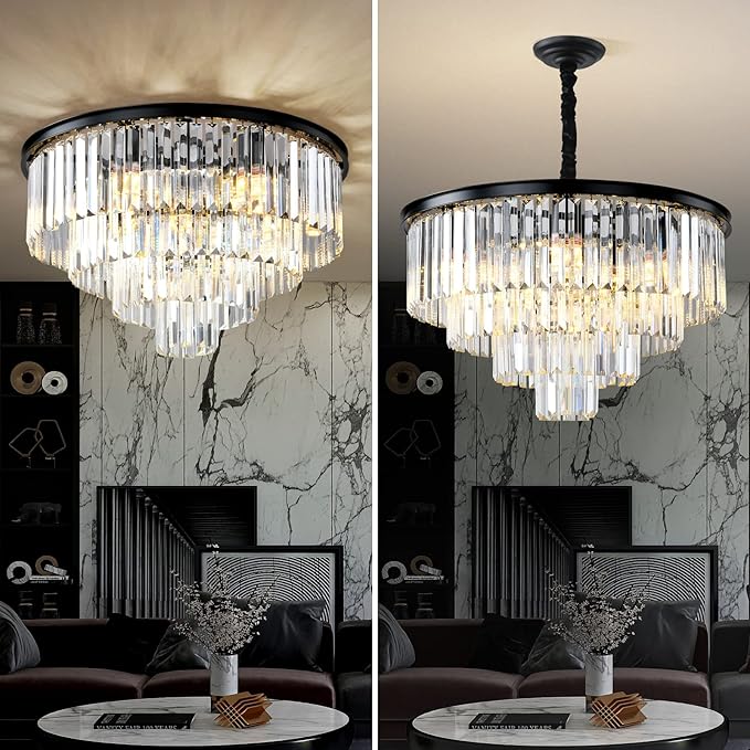Black Modern Crystal Chandelier, 4-Tier Round Flush Mount Ceiling Light - Image 2