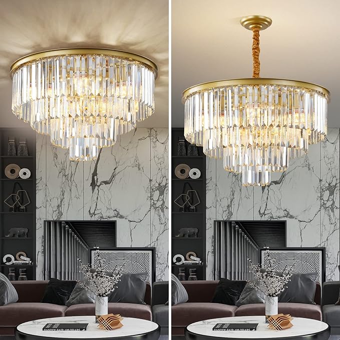 Gold Modern Crystal Chandelier, 4-Tier Round Flush Mount Ceiling Light Fixtures - Image 2