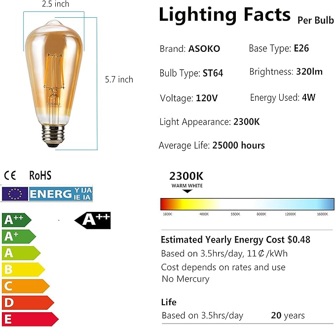 ASOKO 4-Pack Dimmable Edison Light Bulbs, 40W Equivalent Vintage Bulbs - Image 2