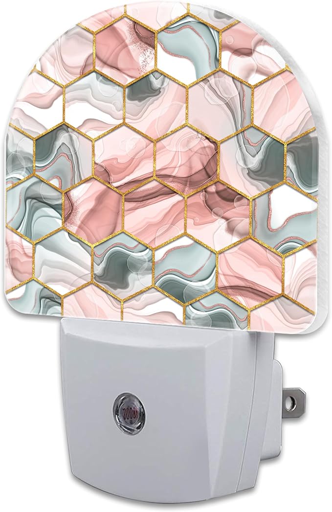 Red Gray Hexagon Marble Night Light Plug into Wall, Abstract Gold Liquid Marble by sndheke