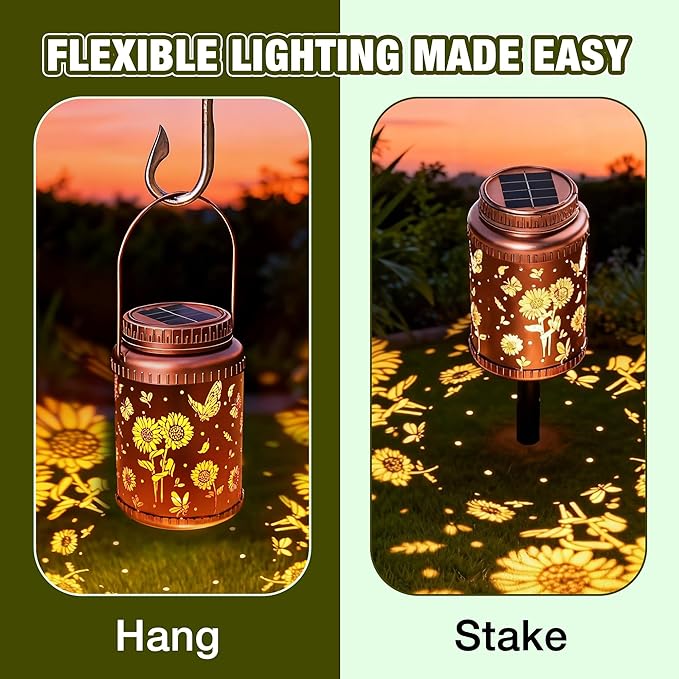 Cooo 2 Pack Solar Lanterns Outdoor Waterproof Sunflower Butterfly Solar Pathway - Image 3