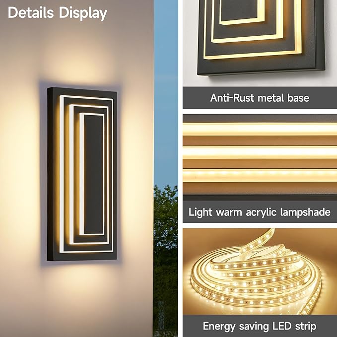 3-Tier 15.7 in Outdoor Light Fixture Black Exterior Wall Light LED Modern Wall - Image 6