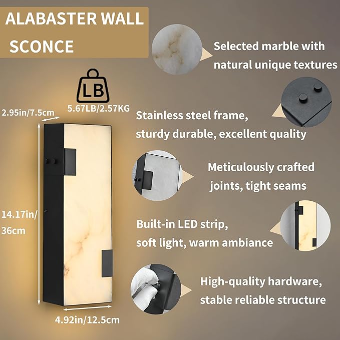 Modern Alabaster Marble Wall Sconces 14.17” Black Frame Dimmable 3000K Warm - Image 2