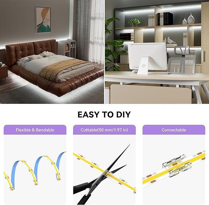 MIWISE COB LED Strip, 6000K Daylight White 20ft/6.1m, Dimmable Super Bright 24V - Image 6