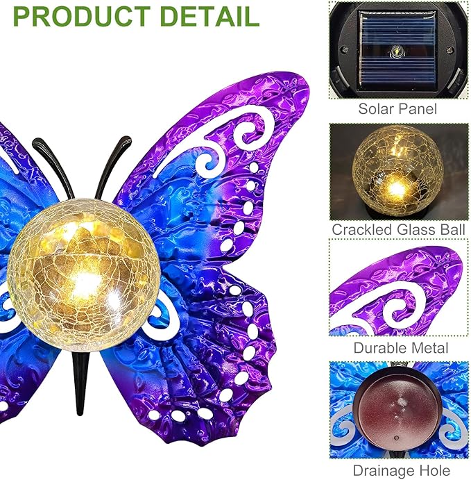 Solar Lights Outdoor Garden Butterfly Decor, Metal Butterfly Statue Decoration - Image 4