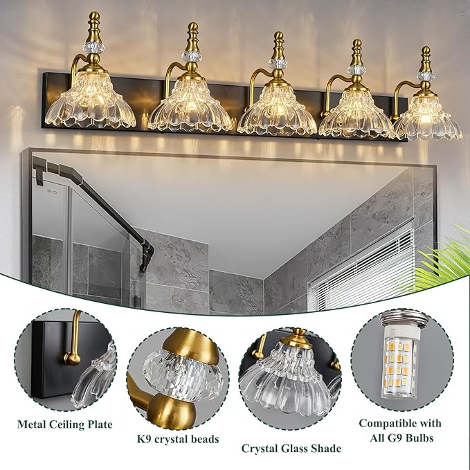 Vintage Bathroom Vanity Light, 5-Light Black Gold Vanity Lighting Fixture - Image 3