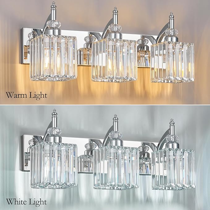 Modern Bathroom Vanity Light 3-Light Chrome Crystal Light Fixtures Over Mirror - Image 2