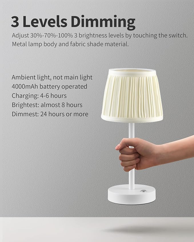 PUSU 2 Pack Cordless LED White Table Lamps, Rechargeable 4000mAh 3 Way Dimmable - Image 4
