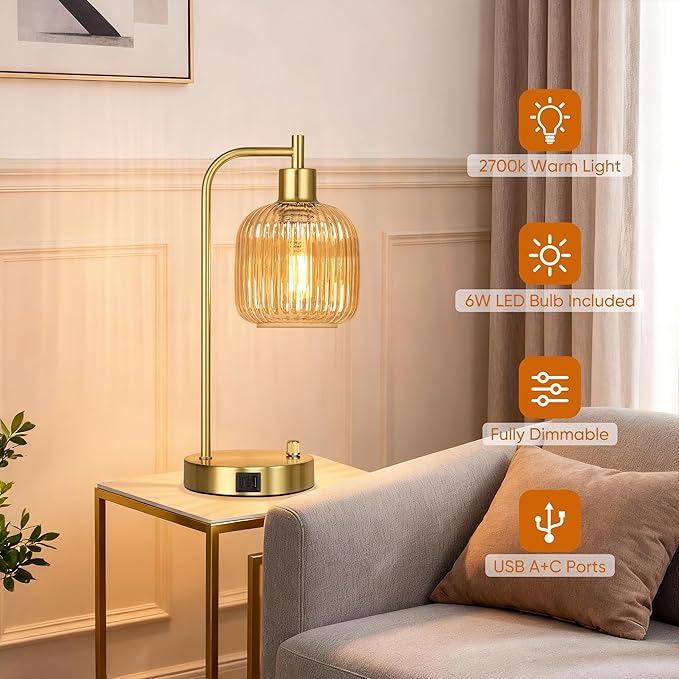 QiMH Industrial Table Lamp for Bedroom Set of 2, Champagne Glass Beside Lamp - Image 4