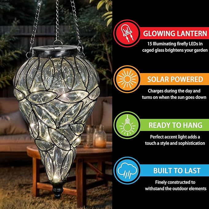 Solar Hanging Lantern Outdoor Garden Lights, Tear-Shaped Glass and Metal - Image 3