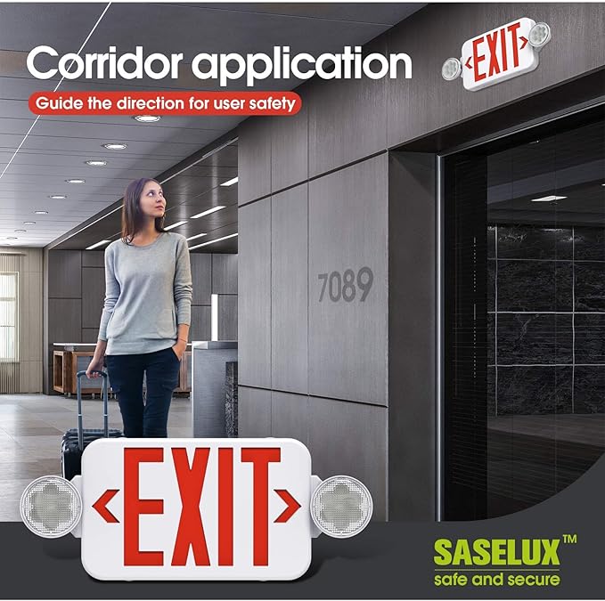 Red Led Exit Sign Emergency Light Combo Adjustable Two Head, Double Sided and - Image 4