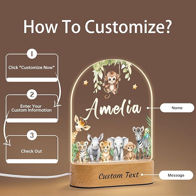 Personalized Baby Gifts for Kids Boys Girls, Custom Name LED Lamp, Safari - Image 4