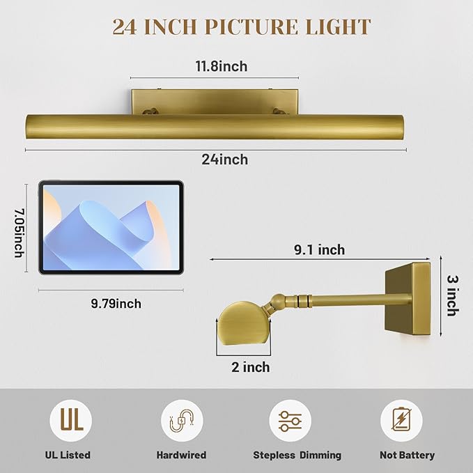 Brass Picture Lights for Wall, 3-Light Brush Gold Art Light, Warm White 2700k - Image 4