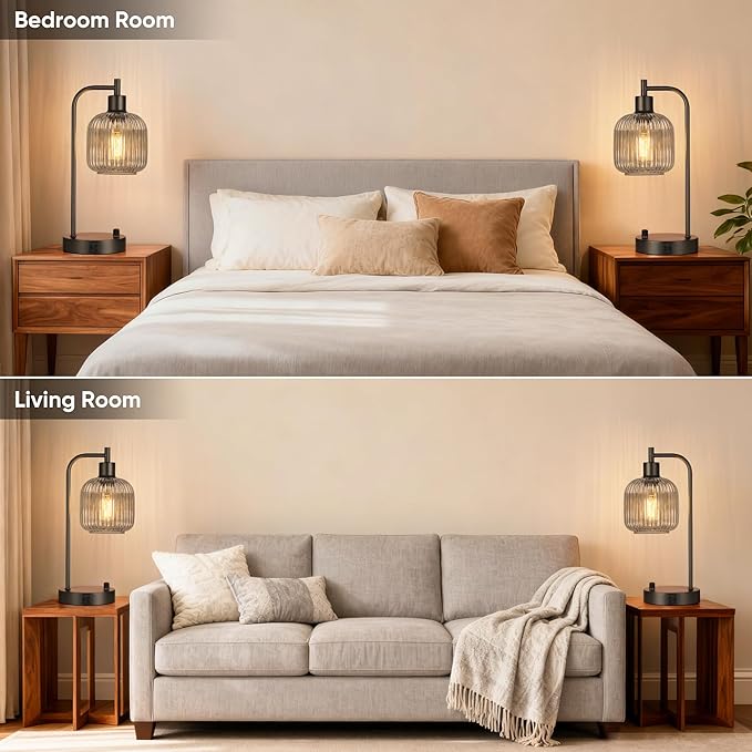 QiMH Industrial Table Lamp for Bedroom Set of 2, Stepless Dimmable Black Lamps - Image 7