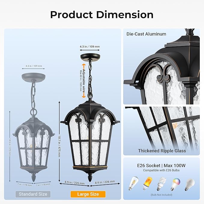 VIANIS Black Large Outdoor Pendant Light, Vintage Outdoor Chandelier - Image 6