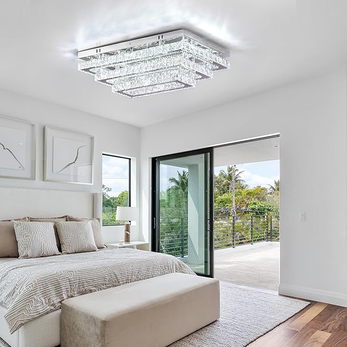 Finktonglan Modern Crystal LED Ceiling Light Fixture 20” Rectangular Flush - Image 2