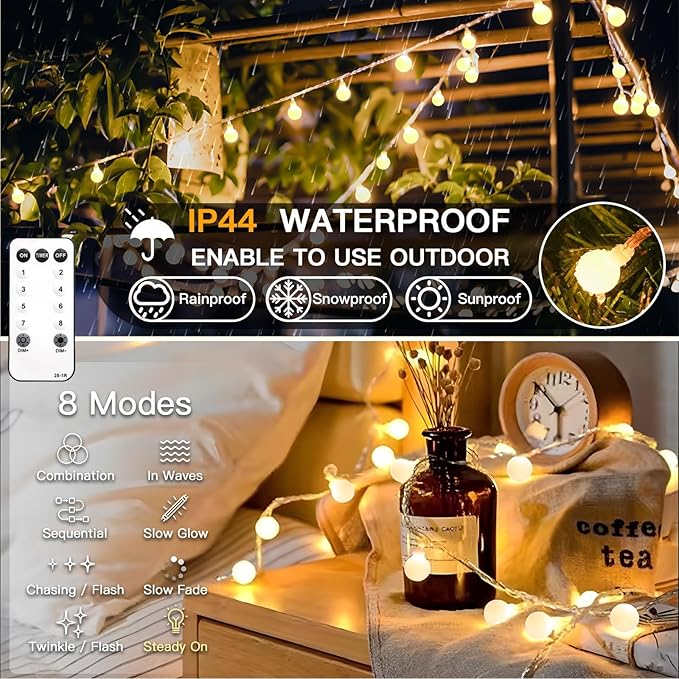 suddus String Lights for Bedroom, 33ft 100 Led Connectable Globe String Lights - Image 3