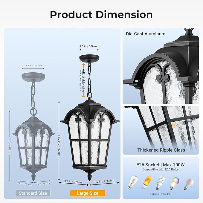 VIANIS 18.7'' Large Outdoor Pendant Lights, Aluminum Outside Ceiling Lighting - Image 6