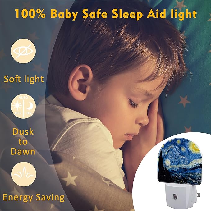 Starry Night Night Light Plug into Wall, Impressionist Oil Painting Dusk to - Image 5