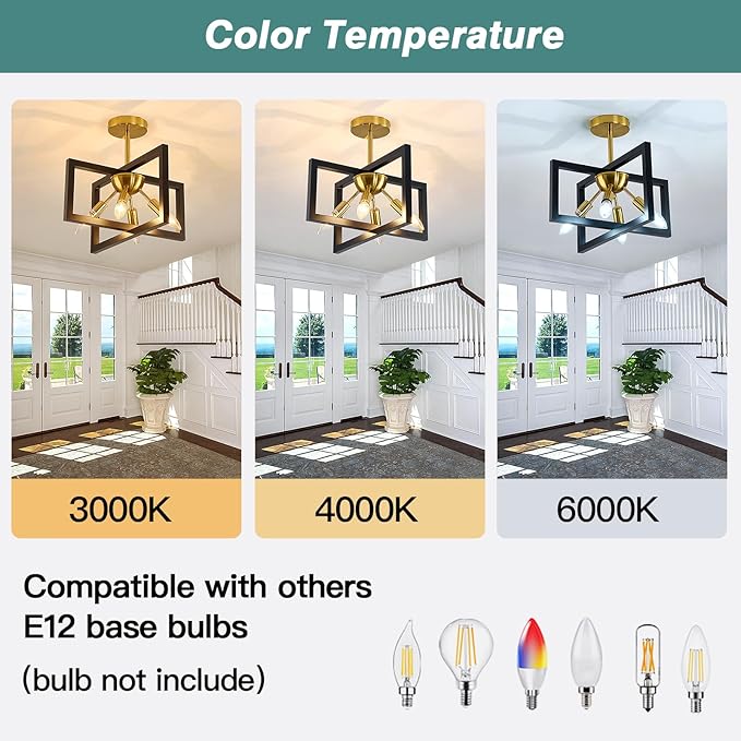 ZGLAOJT 4-Lights Ceiling Light Fixture Modern Black and Gold Semi Flush Mount - Image 3