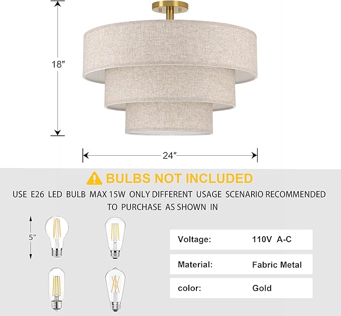 Doraimi Lighting 3 Tier Milky Apricot Linen Drum Fabric Semi Flush Mount Light - Image 2