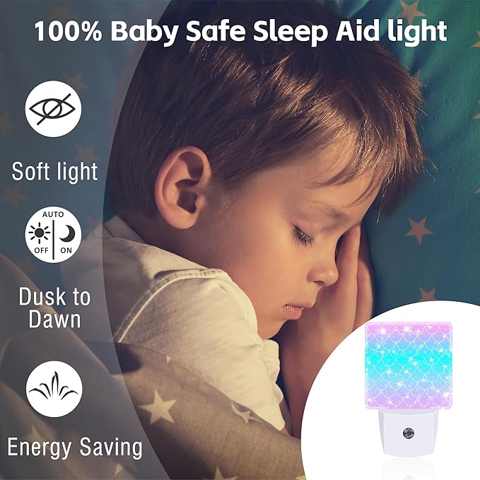 Pink Teal Mermaid Scales Night Light, Rainbow Glitter Fish Scale Dusk to Dawn - Image 5