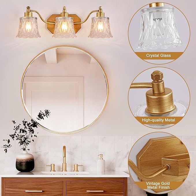 Vintage Bathroom Light Fixtures, 3-Light Gold Vanity Light, Antique Brass Finish - Image 2