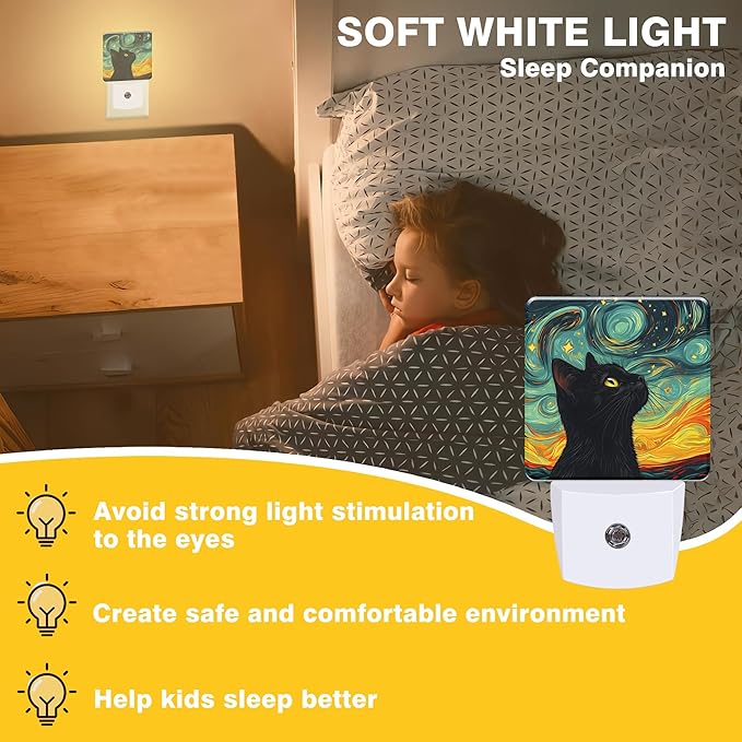 Starry Night Night Light Black Cat Watching Stars Night Lights Plug into Wall - Image 3