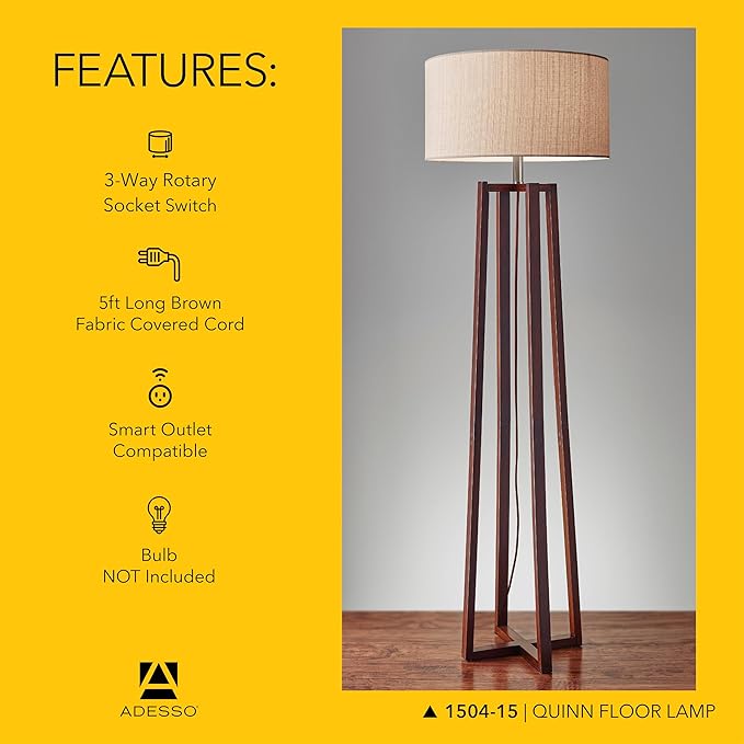 Adesso Floor Lamp with Walnut Birch Wood & Natural Linen Lampshade - Image 5