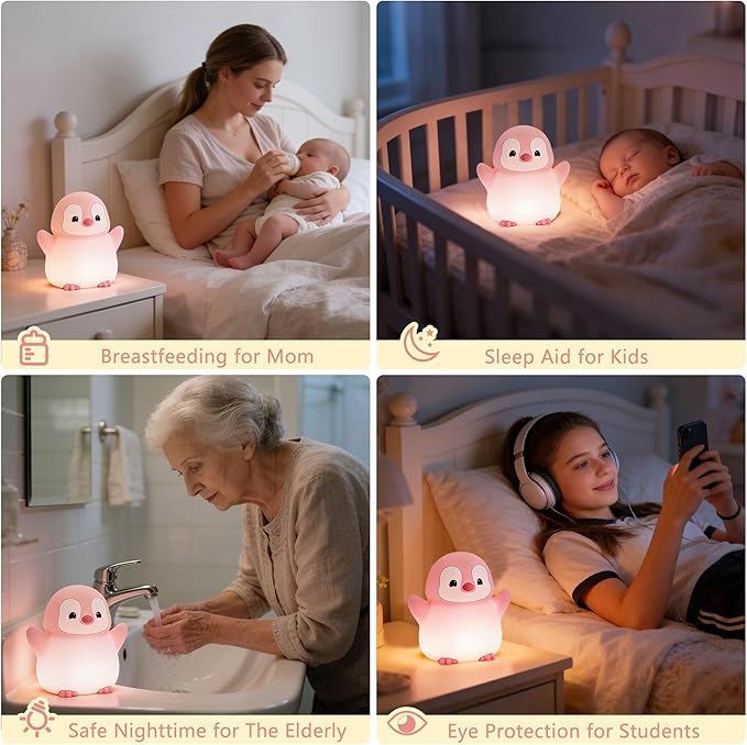 Pink Penguin Night Light, Soft Silicone Nursery Nightlight - Image 5