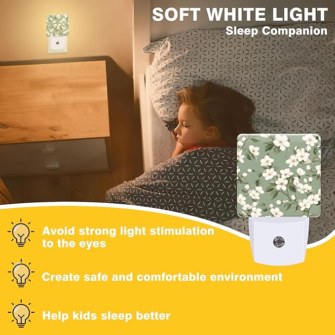 Night Light White and Green Flowers Night Lights Plug into Wall Smart Dusk to - Image 3
