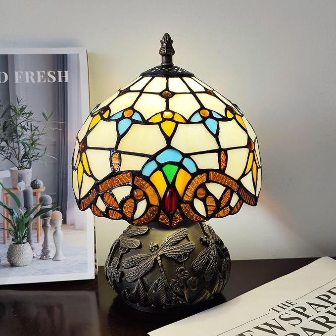 Tiffany Table Lamp 3-Way Stained Glass Style Bedside Reading Lamp Village - Image 7
