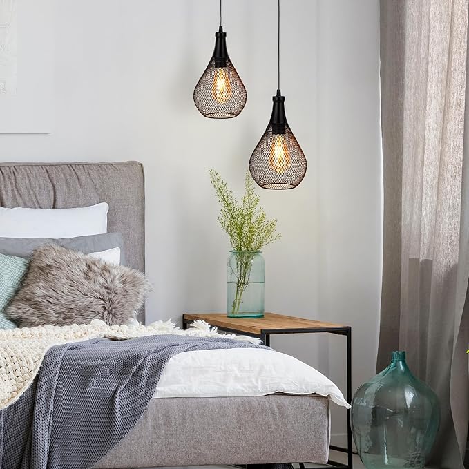 JHY DESIGN Hanging Lamp Set of 2 Battery Operated Cordless Lamps Metal Cage - Image 7