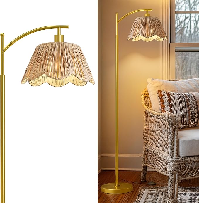 Oneach Arc Floor Lamp for Living Room, Rattan Boho Floor Lamp by Oneach