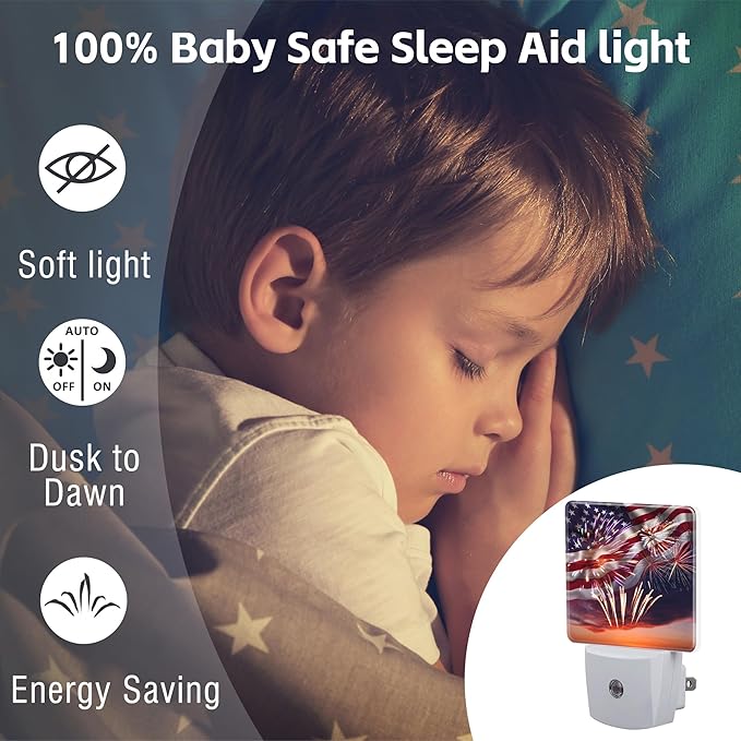 America Flag with Fireworks Night Light Plug into Wall, Retro The USA Flag - Image 5